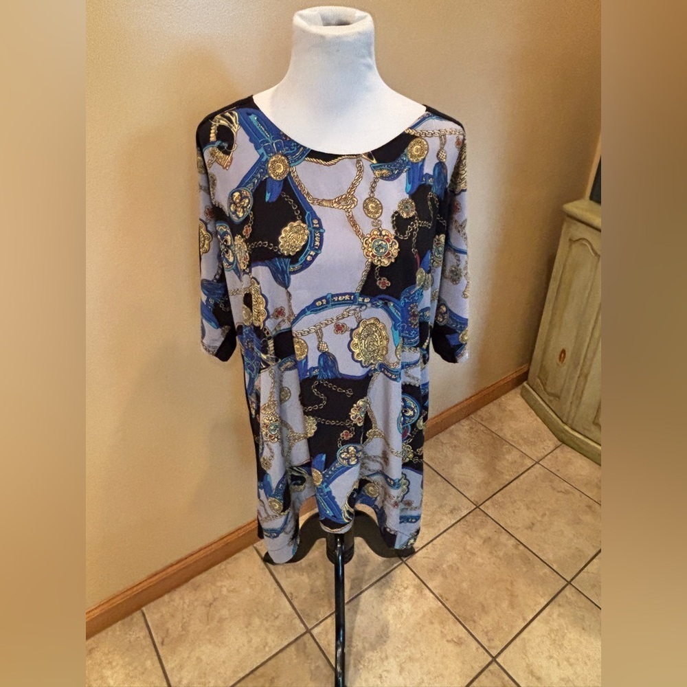 George Simonton Women’s Blouse with Blue & Gold Chain & Tassels Print Size XL